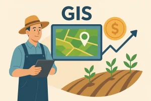 جنبه‌های اقتصادی استفاده از سامانه اطلاعات جغرافیایی (GIS) در کشاورزی، نمایش کشاورز با تبلت در کنار نقشه دیجیتال و نماد رشد اقتصادی و سکه.