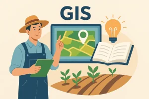 نقش آموزش و آگاهی در پیاده‌سازی سامانه اطلاعات جغرافیایی (GIS) در کشاورزی، نمایش کشاورز در حال استفاده از نقشه دیجیتال و نماد کتاب و لامپ به‌عنوان دانش و نوآوری.
